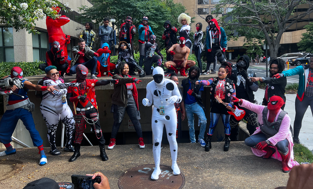 A group of Spider-Man cosplayers pointing at each other, representing the importance of diversity, representation, and alignment with CSR goals in sponsorships like Blerdcon