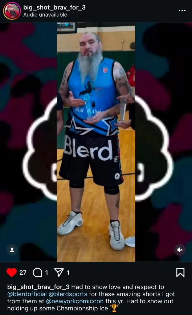 photo of fan of the Blerd brand wearing Blerd shorts after winning a basketball game creating UCG or user-generated content