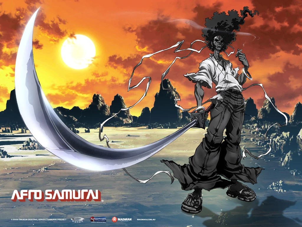 Afro Samurai History: A Black History Month Celebration of Cross-Cultural Excellence 1 Afro Samurai promotional art representing afro samurai history, showcasing the Black ronin designed by Takashi Okazaki and popularized by the 2007 Gonzo anime that fused hip-hop aesthetics with classic samurai storytelling.
