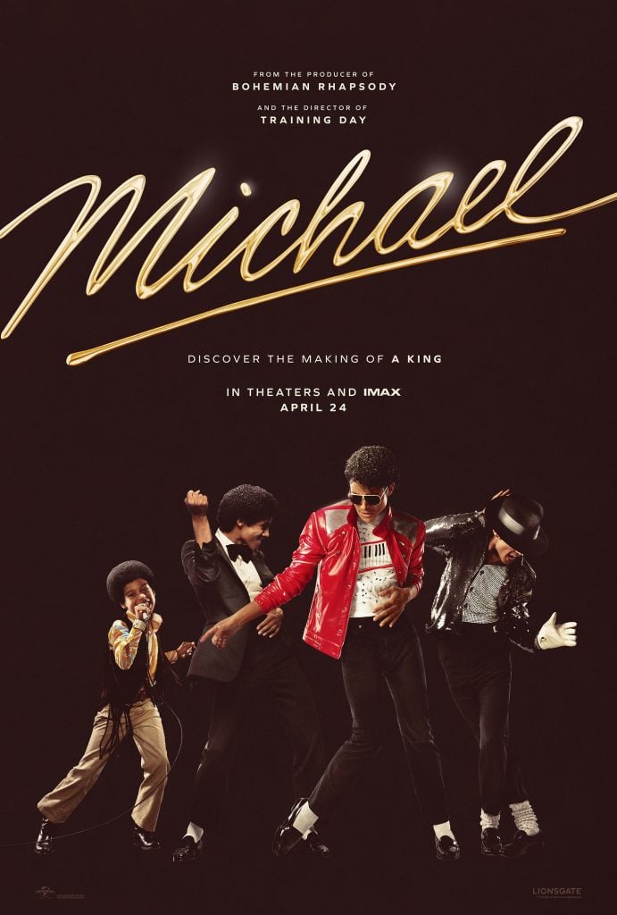 Poster for the upcoming Michael Jackson biopic starring Jaafar Jackson, depicting Michael Jackson performing on stage across multiple eras of his life, highlighting his evolution in style, sound, and stage presence.