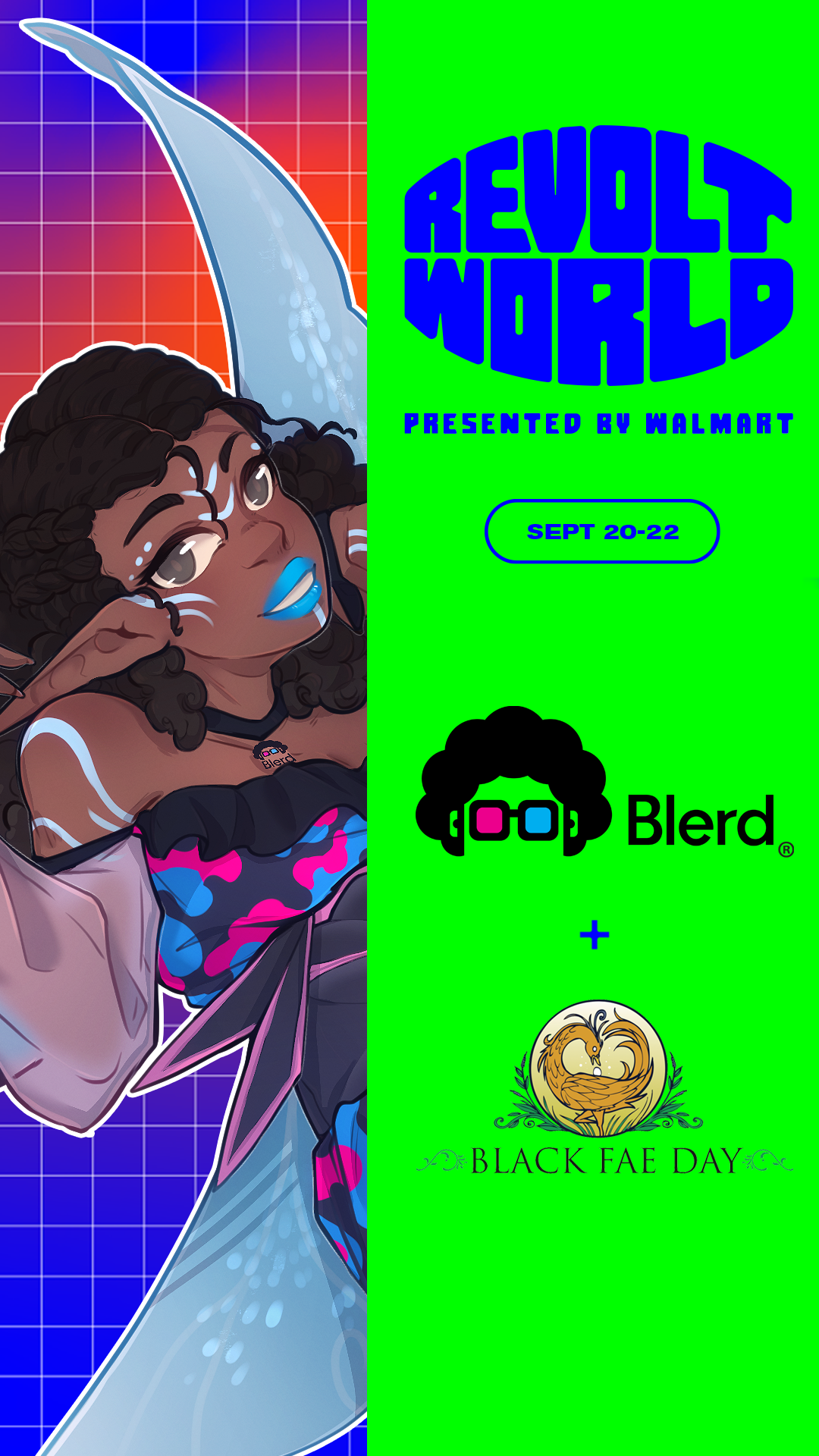 Revolt World music festival promotional graphic for Blerd × Black Fae Day, presented by Walmart, September 20–22. Features an illustrated Black woman with blue lip makeup and iridescent wings against a vibrant green background