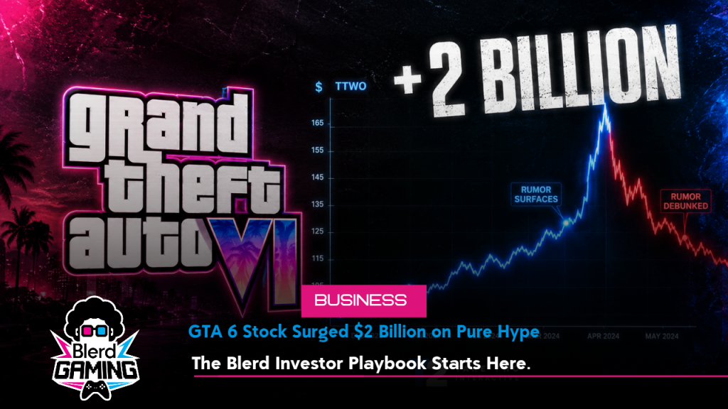 GTA 6 Stock Surged $2 Billion on Pure Hype. The Blerd Investor Playbook Starts Here. 83 A dark cinematic thumbnail featuring the GTA 6 logo alongside an upward trending graph showing the GTA 6 stock surge of nearly two billion dollars, with bold white text overlaid above a sharp blue spike line, set against a near black background with pink and blue neon light accents.