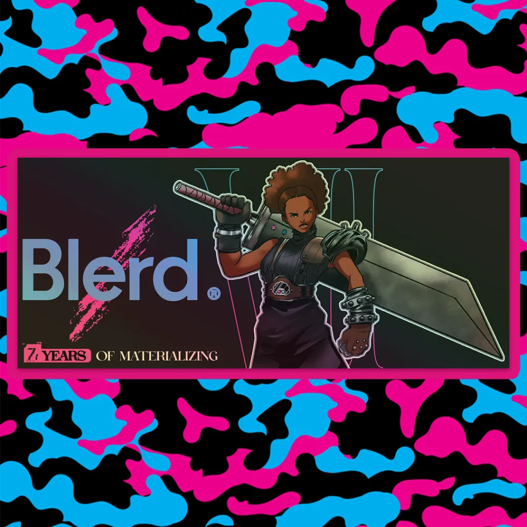 Blerd Is at Dream Con 2026: Booth 1105 11 Blerd 7 Year Anniversary slap sticker, 7 by 3 inch vinyl, featuring Brittany with a large sword