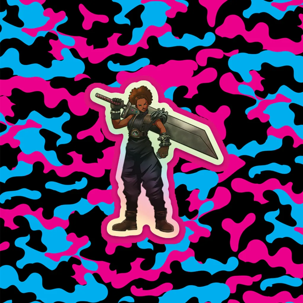 Blerd Is at Dream Con 2026: Booth 1105 13 Blerd 7 Year Fantasy Brittany holographic sticker featuring Brittany with a big sword