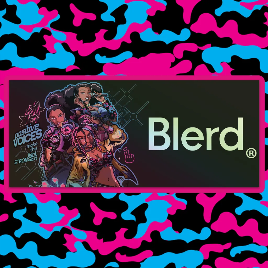 Blerd Is at Dream Con 2026: Booth 1105 7 aBlerd Pop holographic slap sticker, 7 by 3 inch, featuring Bianca, Brittany, and Brianna in K-Pop fashion