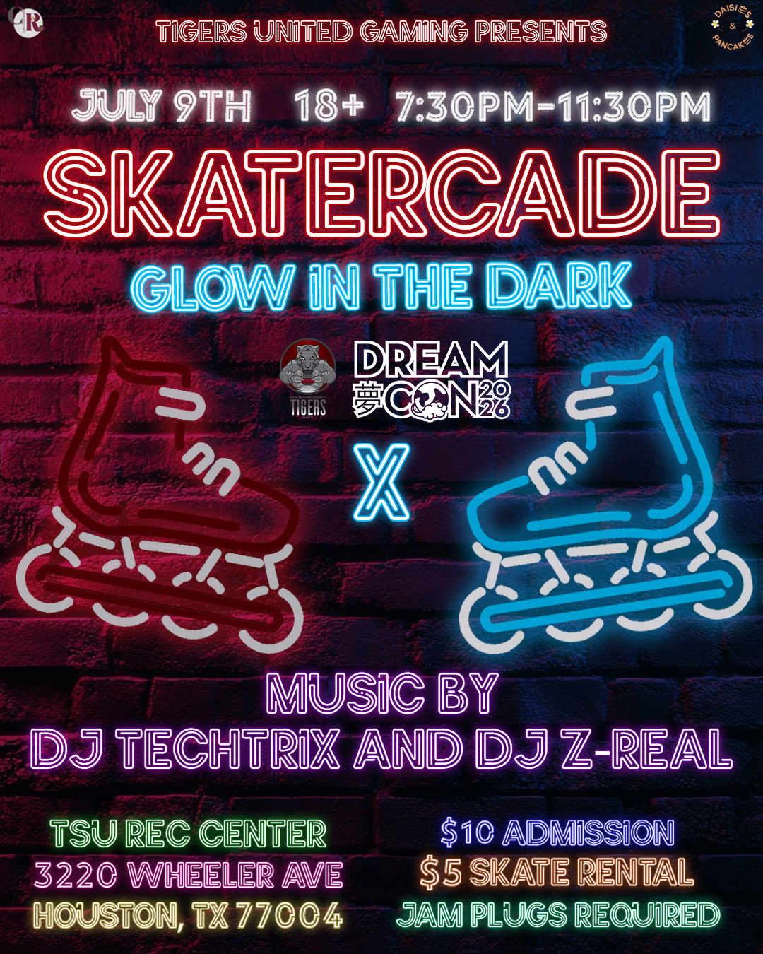 Dream Con 2026 after parties Skatercade glow in the dark skate event flyer