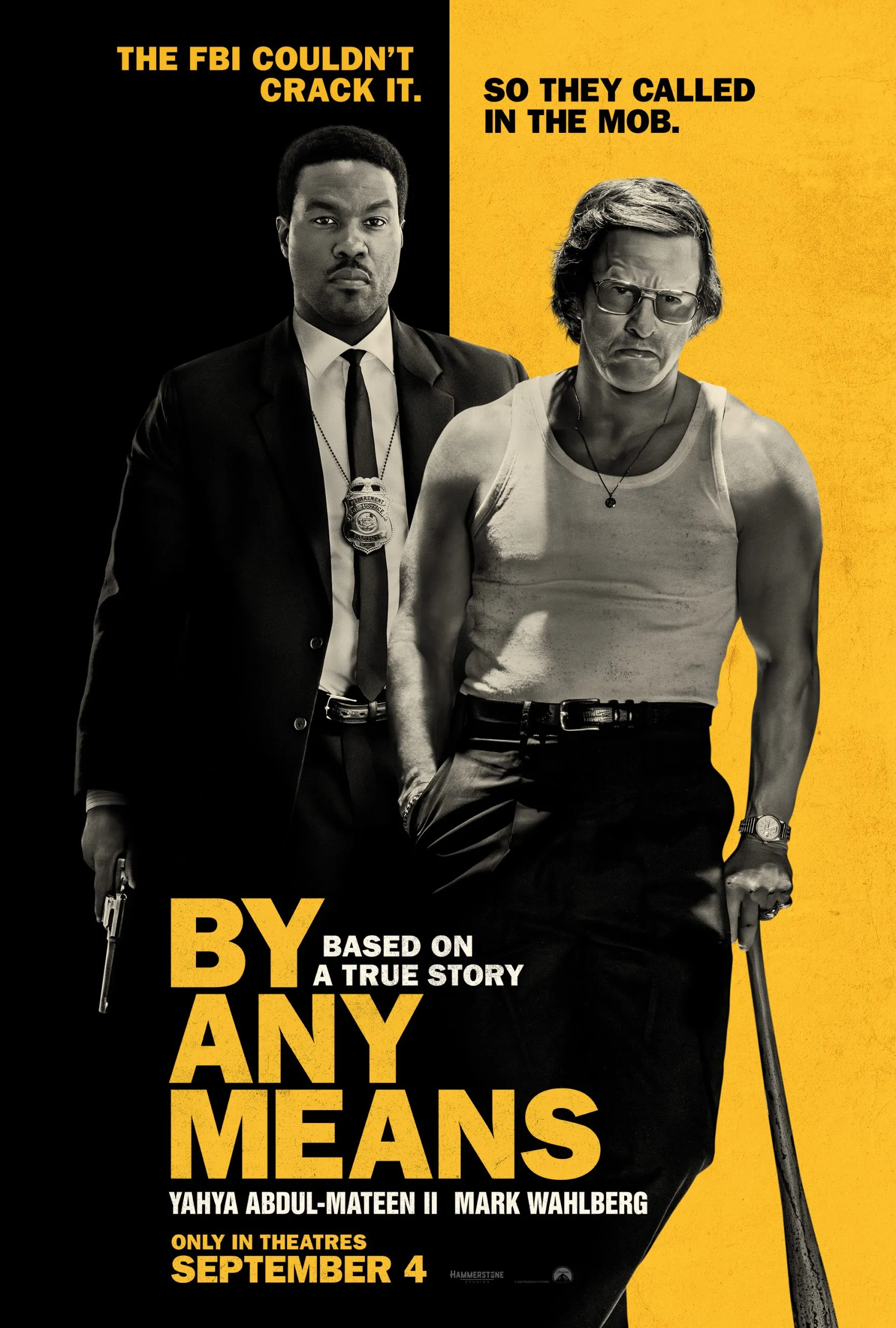 By Any Means movie 2026 poster featuring Yahya Abdul Mateen II and Mark Wahlberg in 1960s Mississippi